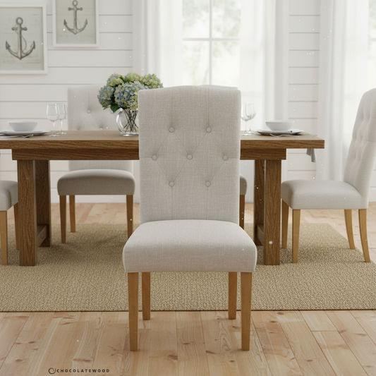 MULAN FABRIC DINING CHAIR IN FLAXEEN - FLOOR STOCK CLEARANCE - MyChocolateWood