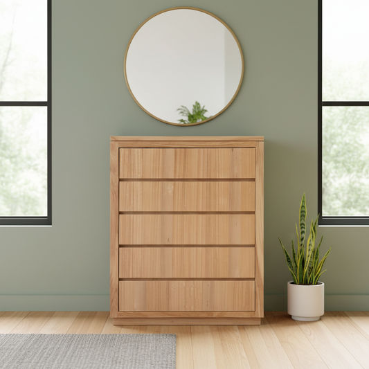 Natural oak tallboy chest of drawers with five drawers from MyChocolateWood, featuring a tassie design and modern style.