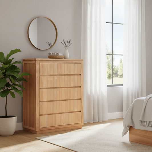 VALANCE TASSIE OAK TALLBOY/5 DRAWER CHEST OF DRAWERS IN NATURAL - MyChocolateWood