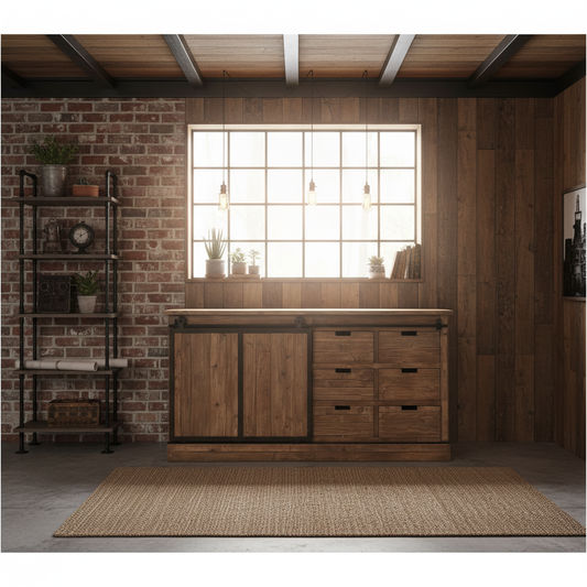 MORIAH SOLID RECLAIMED ELM TRACK SLIDING DOOR BUFFET BLACK & NATURAL - MyChocolateWood