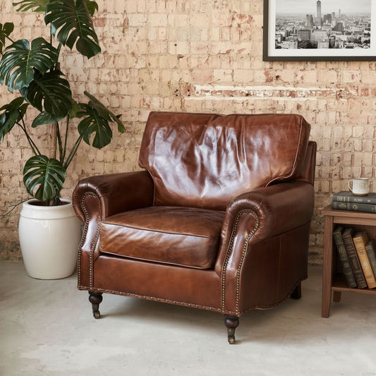 CHARLESTON AGED LEATHER ARMCHAIR IN ORIGINAL AGED LEATHER