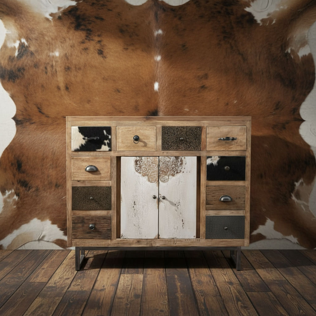 COWHIDE & MANGO HARDWOOD CHEST OF 10 DRAWERS 2 DOORS BOHO PATCHWORK  BEACHSIDE HAMPTONS - MyChocolateWood