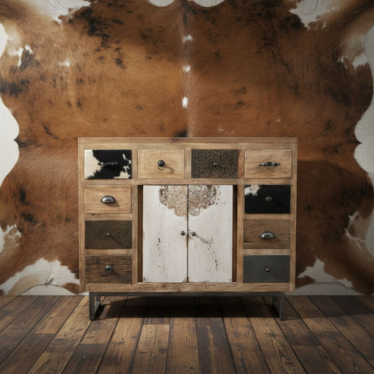 COWHIDE & MANGO HARDWOOD CHEST OF 10 DRAWERS 2 DOORS BOHO PATCHWORK  BEACHSIDE HAMPTONS - MyChocolateWood
