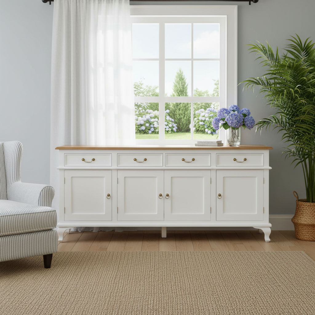 STEWART QUEEN ANN STYLE SOLID MAHOGANY 4 DOORS 4 DRAWERS 200CM BUFFET/SIDEBOARD WHITE/CARAMEL - MyChocolateWood