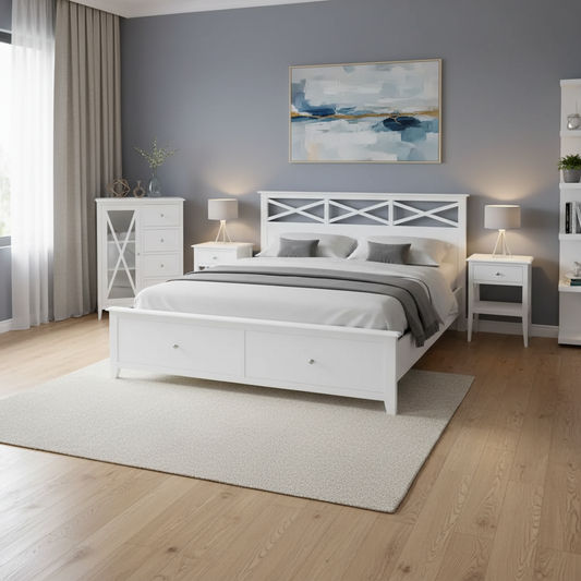 LUGANO HAMPTONS STYLE ACACIA 4 PIECE BEDROOM SUITE: 2-DRAWER DOUBLE BED 1 DOOR GLASS TALLBOY 2 BEDSIDE TABLES - MyChocolateWood