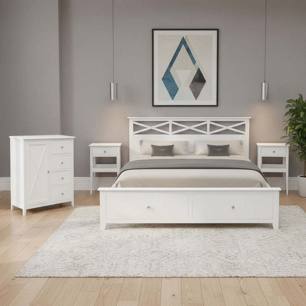 LUGANO HAMPTONS STYLE ACACIA 4 PIECE BEDROOM SUITE: 2-DRAWER DOUBLE BED 1 DOOR TIMBER TALLBOY 2 BEDSIDE TABLES - MyChocolateWood