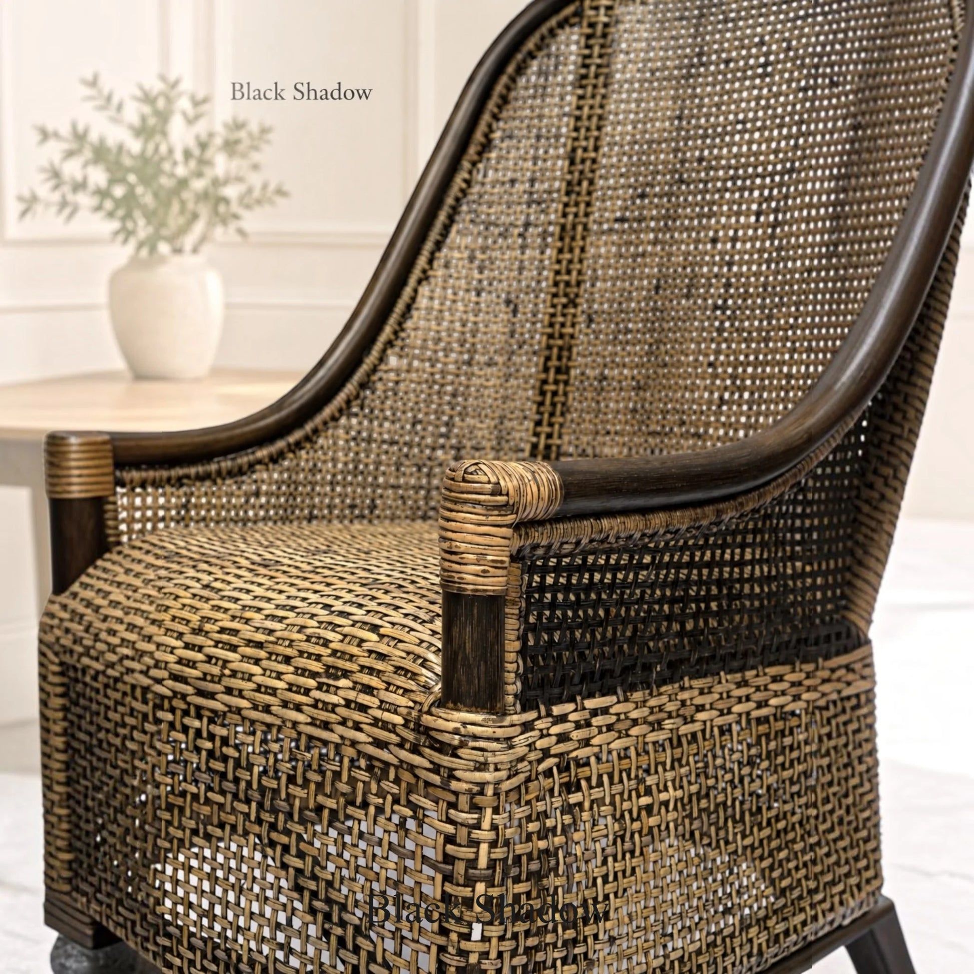 Malibu Hamptons Rattan Dining Chair in Black Shadow, view 4 - Chocolate Wood