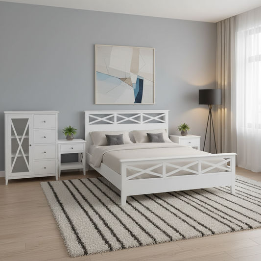 LUGANO HAMPTONS STYLE ACACIA 4 PIECE BEDROOM SUITE: 1 DOUBLE BED 1 GLASS DOOR TALLBOY 2 BEDSIDE TABLES - MyChocolateWood