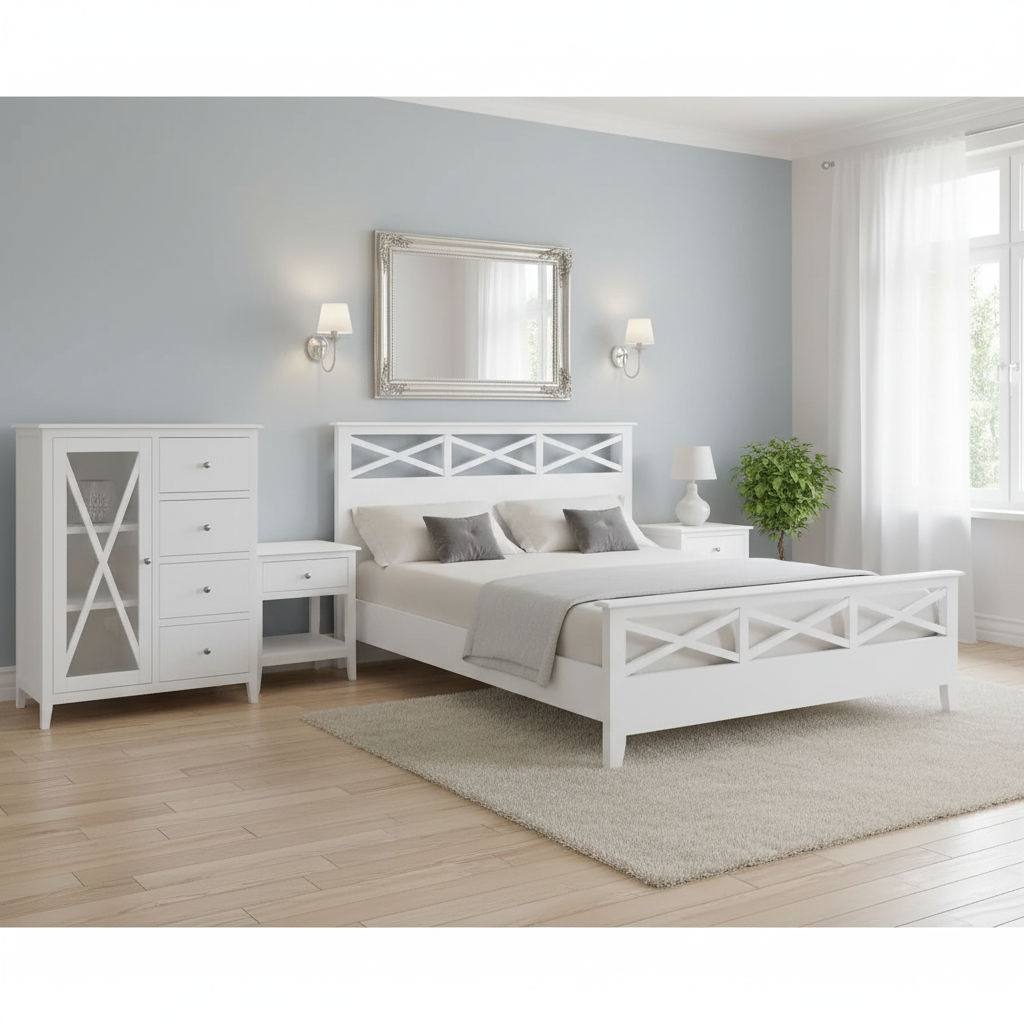 LUGANO HAMPTONS STYLE ACACIA 4 PIECE BEDROOM SUITE: 1 BED 1 TALLBOY 2 BEDSIDE TABLES - MyChocolateWood