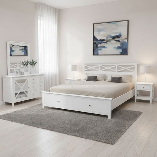 LUGANO HAMPTONS STYLE ACACIA 5 PIECE BEDROOM SUITE: 2-DRAWER DOUBLE BED 1 DRESSER 1 MIRROR 2 BEDSIDE TABLES - MyChocolateWood
