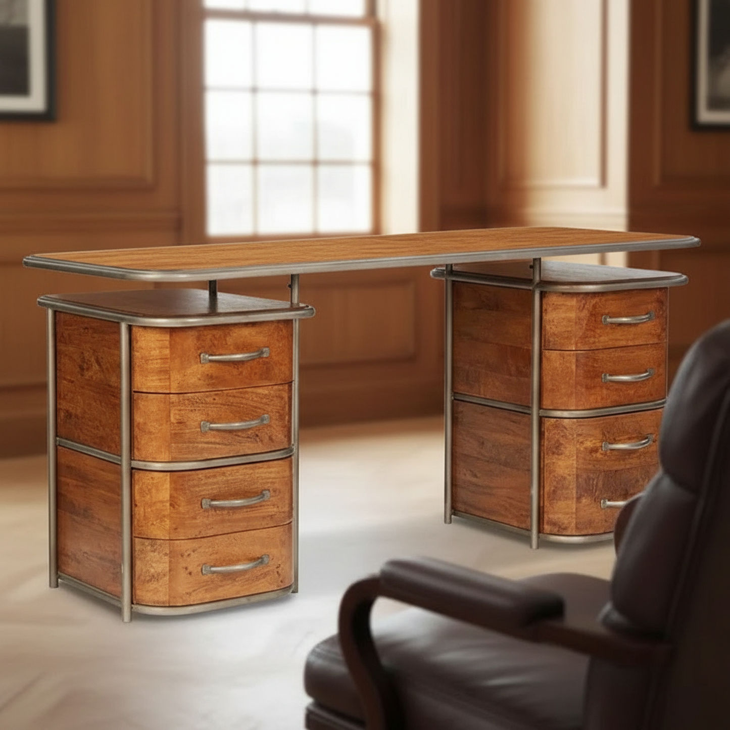 ARTURO SOLID FRUITWOOD/STEEL HOME OFFICE DESK WRITING DESK ART DECO STYLE - MyChocolateWood