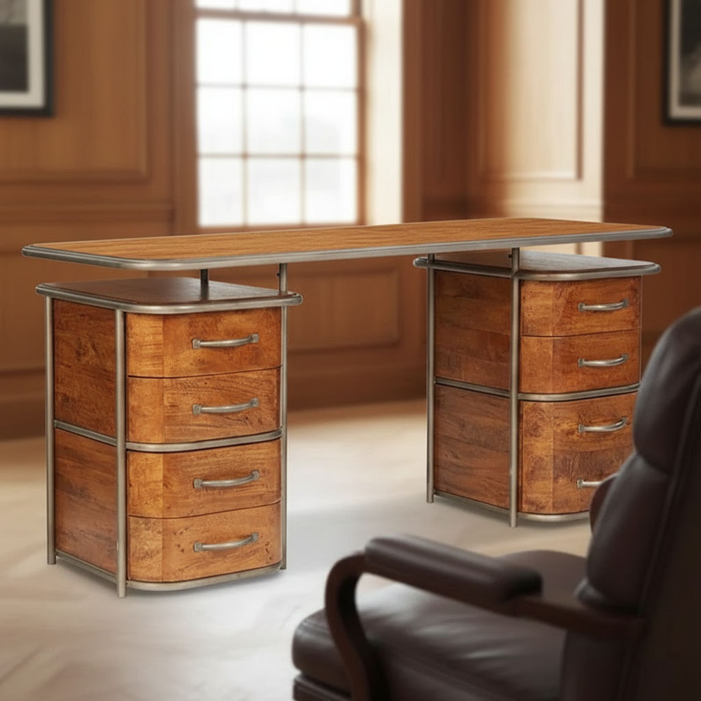 ARTURO SOLID FRUITWOOD/STEEL HOME OFFICE DESK WRITING DESK ART DECO STYLE - MyChocolateWood