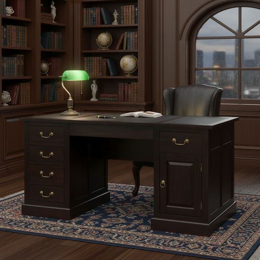 DAKOTA HANDCRAFTED SOLID MAHOGANY TIMBER WRITING DESK WITH LEATHERETTE TOP  160CM- CHOCOLATE - MyChocolateWood