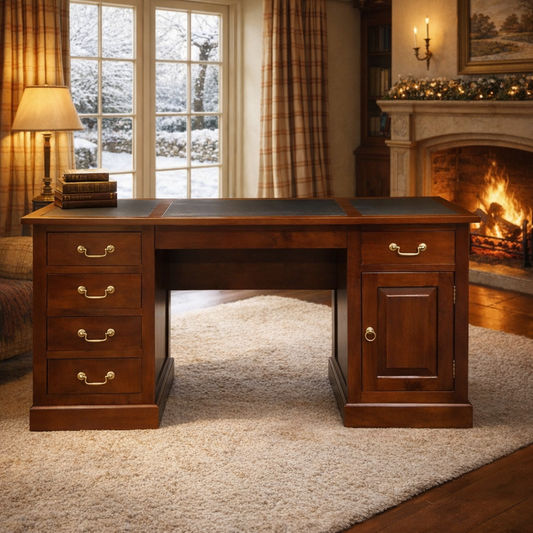 DAKOTA SOLID MAHOGANY TIMBER WRITING DESK WITH LEATHERETTE TOP - MAHOGANY 160CM