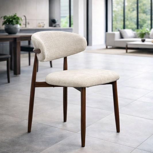 Severin solid and veneer Malaysian hardwood dining chair in beige and walnut finish, showcasing a modern, sturdy design with wooden legs.