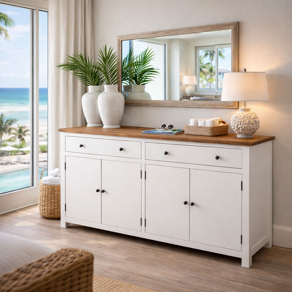 Lucia Hamptons Buffet / Sideboard 180cm with Oak Top & White Base - Chocolate Wood
