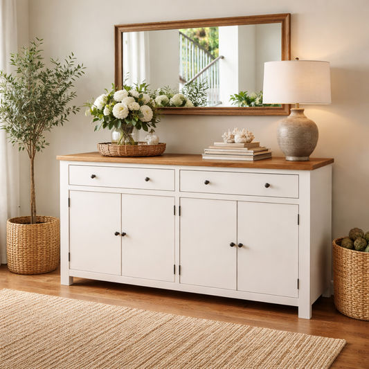 LUCIA HAMPTONS SIDEBOARD BUFFET OAK TOP/WHITE BASE 2-DOOR 4-DRAWER 180 CM - MyChocolateWood
