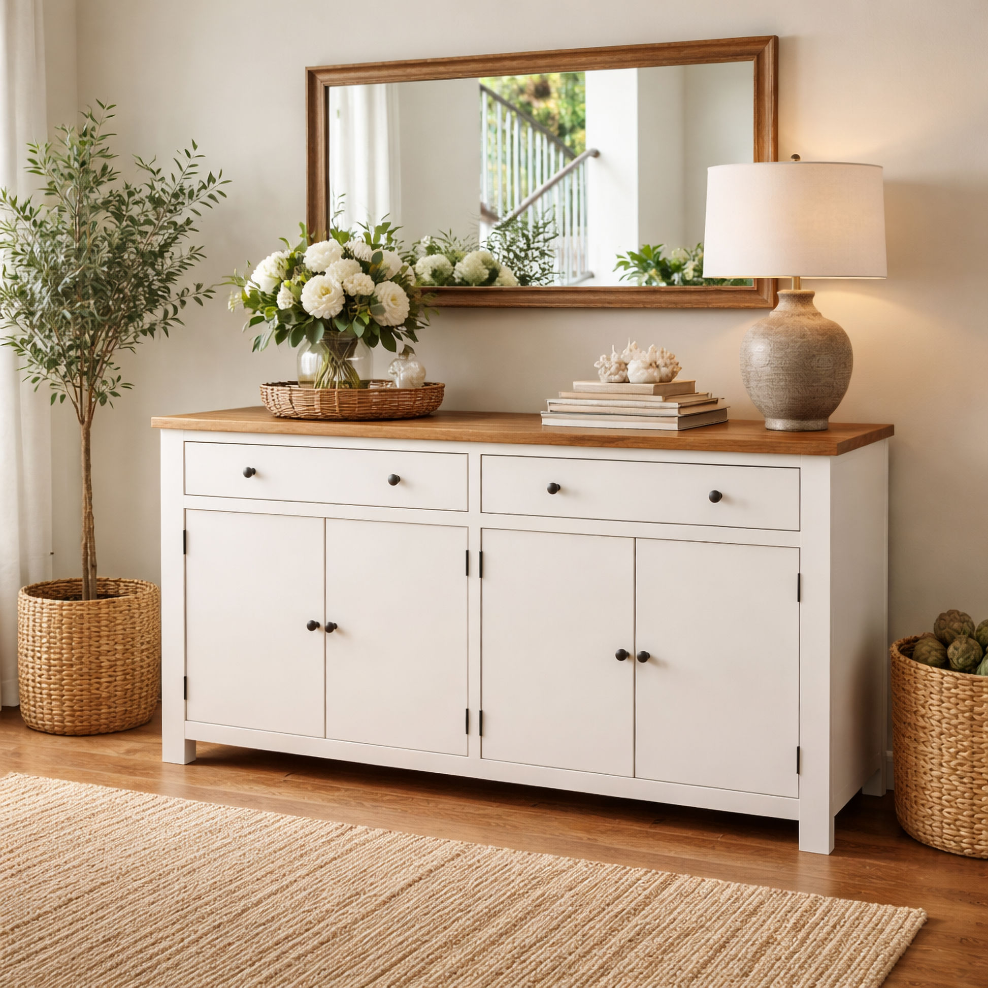 Lucia Hamptons Buffet / Sideboard 180cm with Oak Top & White Base - Chocolate Wood