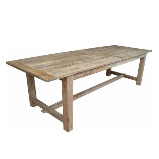 Recycled elm farmhouse dining table by MyChocolateWood, Valencia model, 184cm, with sturdy wooden legs and a rustic finish.