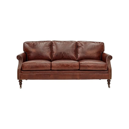 BUCKINGHAM AGED LEATHER 3 SEATER SOFA WITH BRASS STUD DETAILING - MyChocolateWood