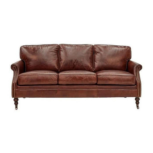 BUCKINGHAM AGED LEATHER 3 SEATER SOFA WITH BRASS STUD DETAILING