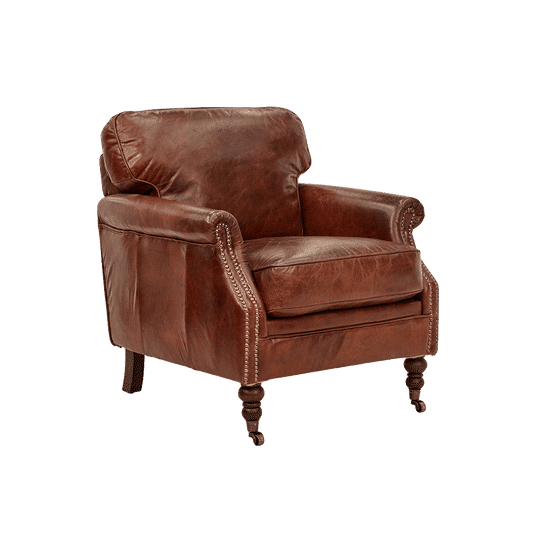 BUCKINGHAM AGED LEATHER ARMCHAIR WITH BRASS STUD DETAILING - MyChocolateWood