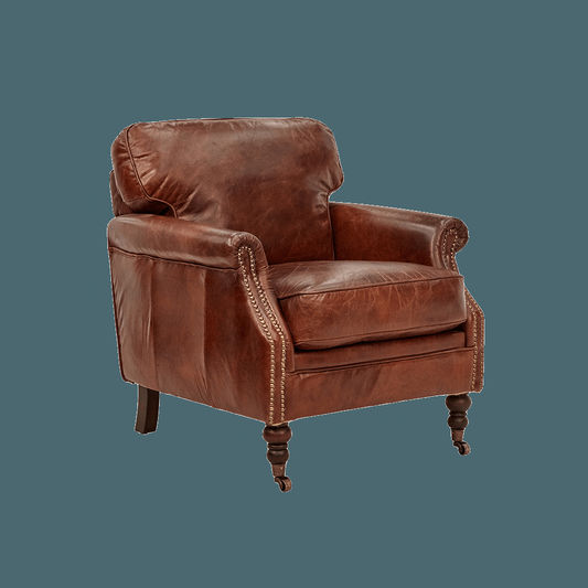 BUCKINGHAM AGED LEATHER ARMCHAIR WITH BRASS STUD DETAILING