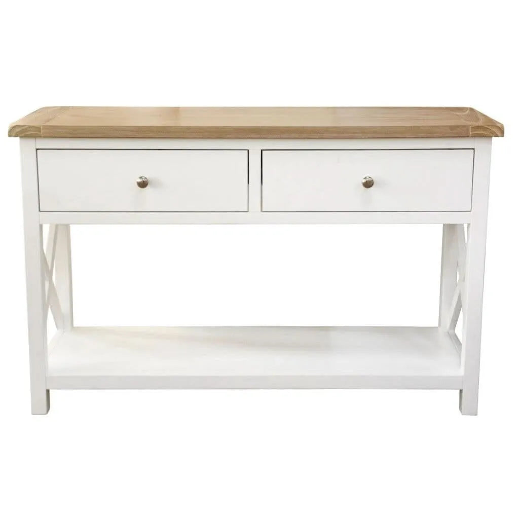 CHRISTA HAMPTON SOLID ACACIA 2-DRAWER CONSOLE TABLE HALL TABLE LIGHT OAK/WHITE - MyChocolateWood