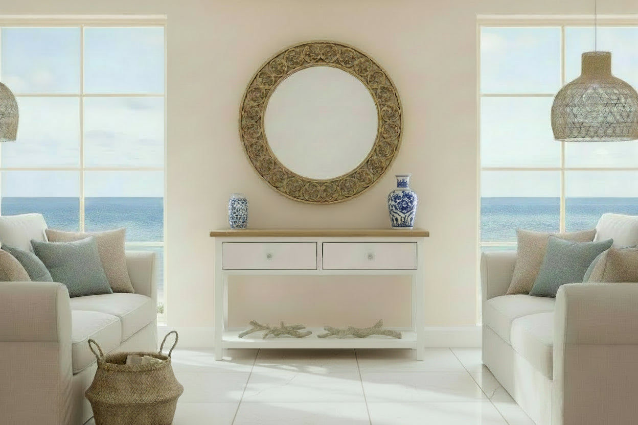 CHRISTA HAMPTON SOLID ACACIA 2-DRAWER CONSOLE TABLE HALL TABLE LIGHT OAK/WHITE - MyChocolateWood