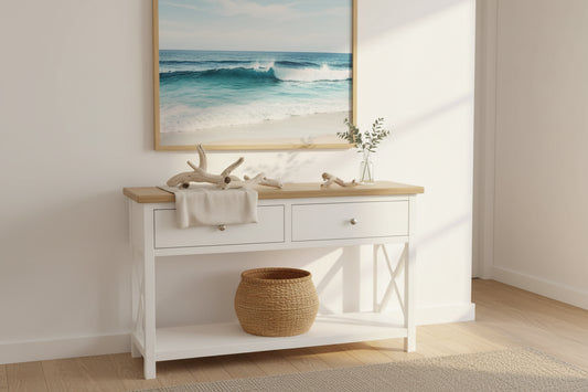 CHRISTA HAMPTON SOLID ACACIA 2-DRAWER CONSOLE TABLE HALL TABLE LIGHT OAK/WHITE - MyChocolateWood
