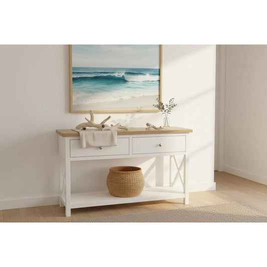CHRISTA HAMPTON SOLID ACACIA 2-DRAWER CONSOLE TABLE HALL TABLE LIGHT OAK/WHITE - MyChocolateWood
