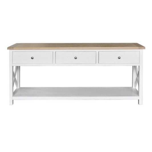 CHRISTA HAMPTON SOLID ACACIA 3-DRAWER CONSOLE TABLE HALL TABLE LIGHT OAK/WHITE - MyChocolateWood