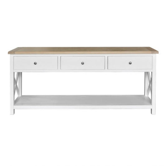 CHRISTA HAMPTON SOLID ACACIA 3-DRAWER CONSOLE TABLE HALL TABLE LIGHT OAK/WHITE - MyChocolateWood