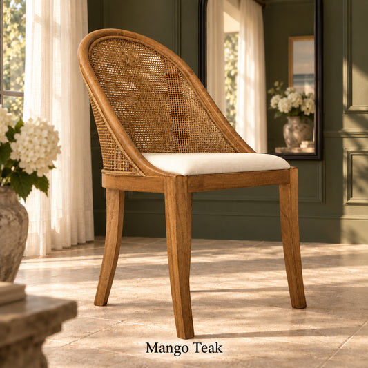 Southampton Solid Mindi Wood Hamptons Dining Chair in Mango Teak, three-quarter view - Chocolate Wood