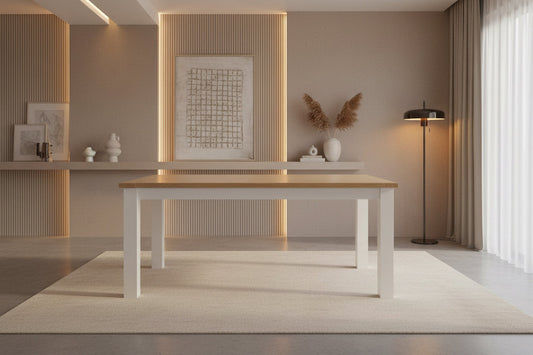 CHRISTA HAMPTON SOLID ACACIA DINING TABLE WITH 6 WHITE MELROSE CHAIRS 7 PIECE DINING SET - MyChocolateWood