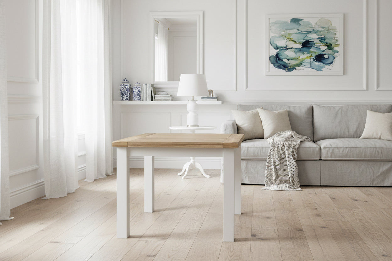 CHRISTA HAMPTON SOLID ACACIA SQUARE DINING TABLE 100CM LIGHT OAK TOP WHITE BASE - MyChocolateWood