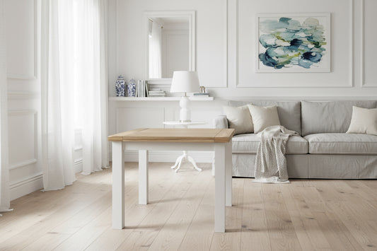 CHRISTA HAMPTON SOLID ACACIA SQUARE DINING TABLE 100CM LIGHT OAK TOP WHITE BASE - MyChocolateWood