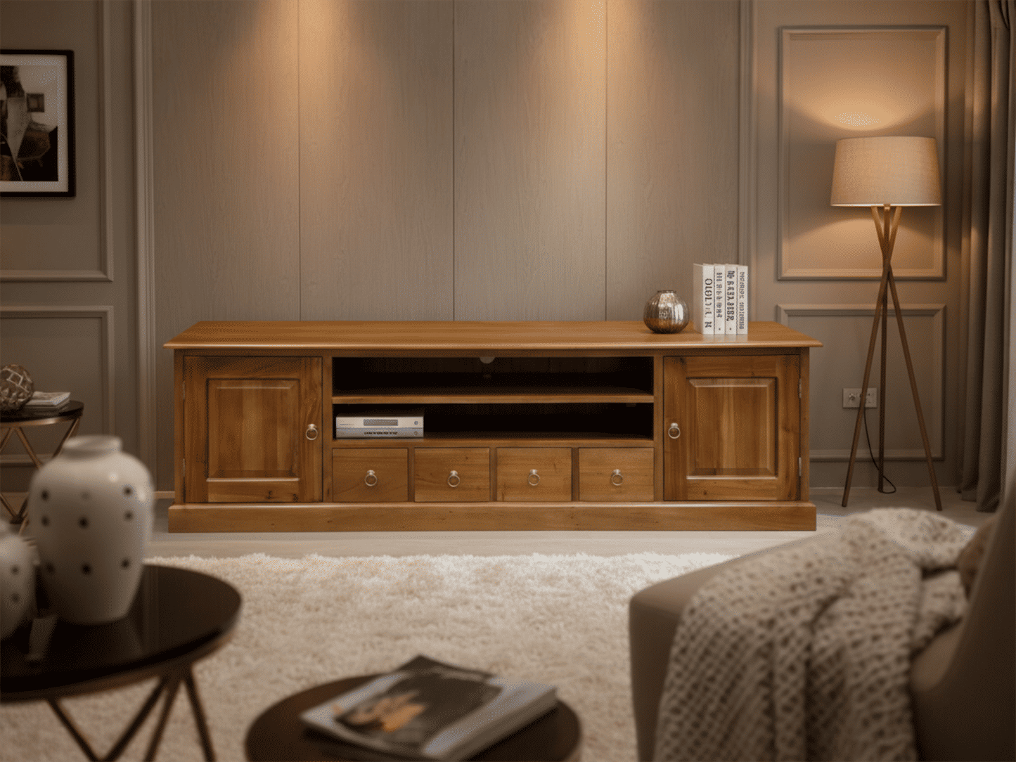 TASMANIA MAHOGANY TIMBER 2 DOORS & 4  DVD SIZE DRAWERS 200CM TV UNIT/ENTERTAINMENT UNIT IN LIGHT PECAN - MyChocolateWood