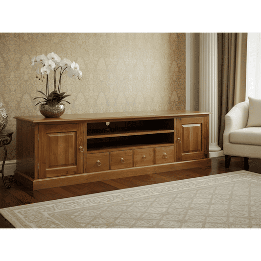 Tasmania Solid Mahogany 2 Door 4 Drawer TV / Entertainment Unit, 200cm in Light Pecan - Chocolate Wood