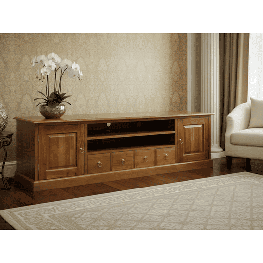 Tasmania Solid Mahogany 2 Door 4 Drawer TV / Entertainment Unit, 200cm in Light Pecan - Chocolate Wood