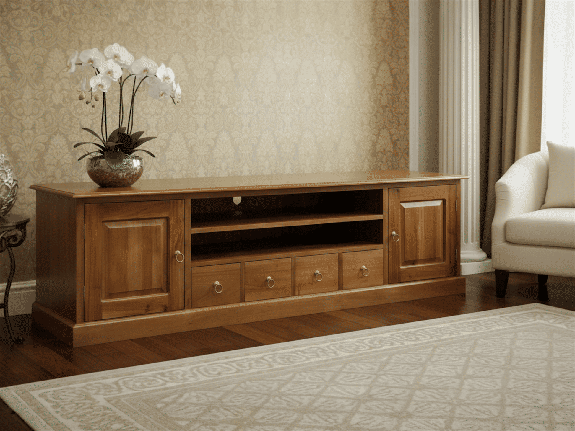 TASMANIA MAHOGANY TIMBER 2 DOORS & 4  DVD SIZE DRAWERS 200CM TV UNIT/ENTERTAINMENT UNIT IN LIGHT PECAN - MyChocolateWood