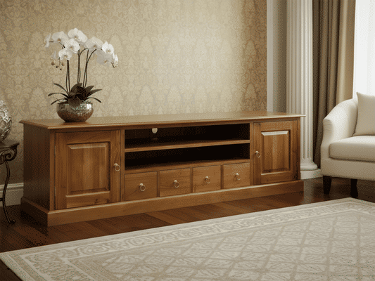 TASMANIA MAHOGANY TIMBER 2 DOORS & 4  DVD SIZE DRAWERS 200CM TV UNIT/ENTERTAINMENT UNIT IN LIGHT PECAN - MyChocolateWood