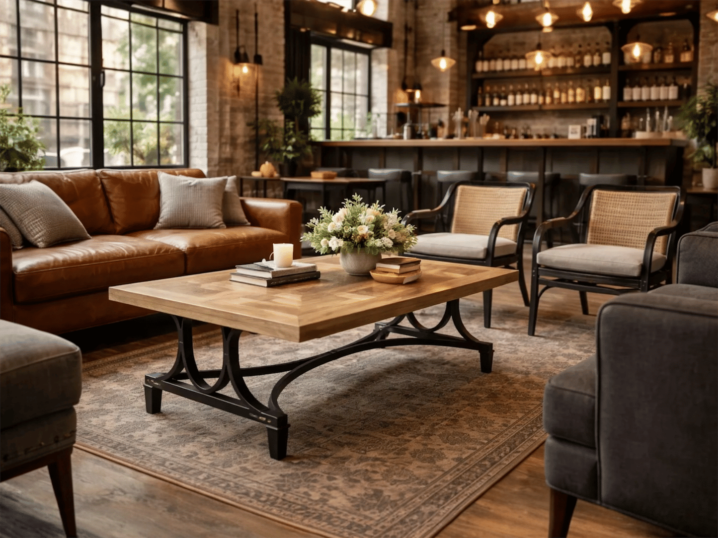 BECK RECYCLED ELM RUSTIC COFFEE TABLE PARQUETRY TOP BLACK IRON BASE - MyChocolateWood