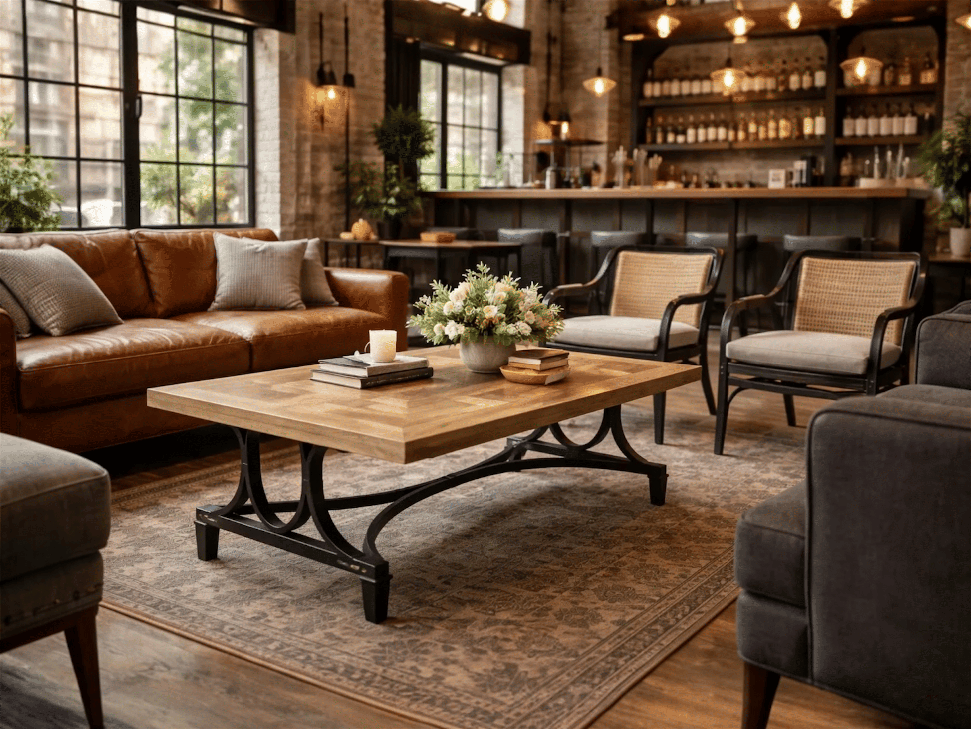 BECK RECYCLED ELM RUSTIC COFFEE TABLE PARQUETRY TOP BLACK IRON BASE - MyChocolateWood