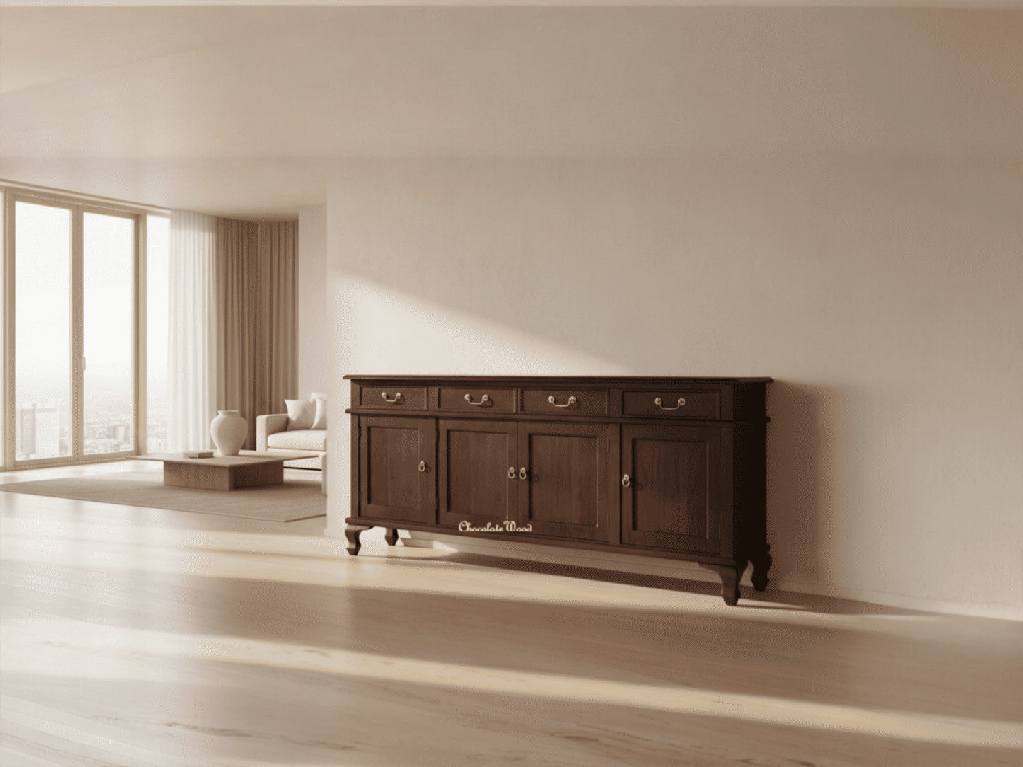 STEWART QUEEN ANN STYLE SOLID MAHOGANY 4 DOORS 4 DRAWERS 200CM BUFFET/SIDEBOARD IN CHOCOLATE - MyChocolateWood