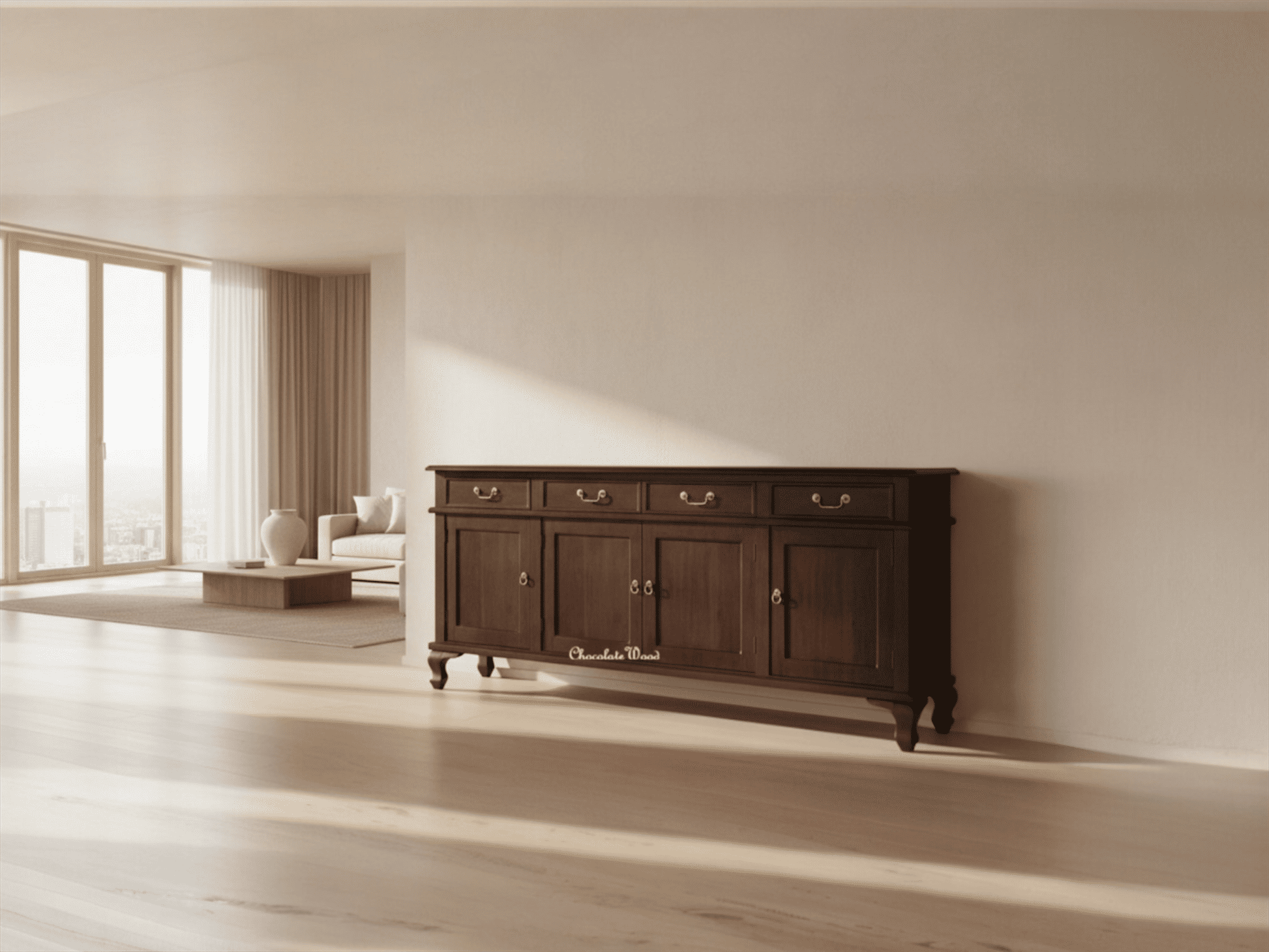 STEWART QUEEN ANN STYLE SOLID MAHOGANY 4 DOORS 4 DRAWERS 200CM BUFFET/SIDEBOARD IN CHOCOLATE - MyChocolateWood