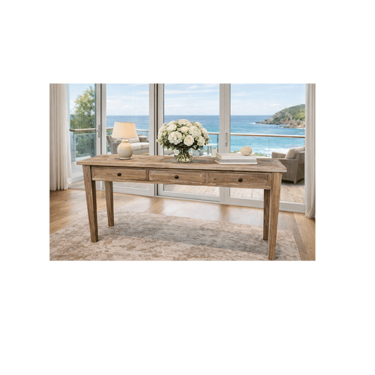 CASA RECYCLED ELM RUSTIC 3-DRAWER CONSOLE/HALL TABLE PARQUETRY TOP 180CM - MyChocolateWood