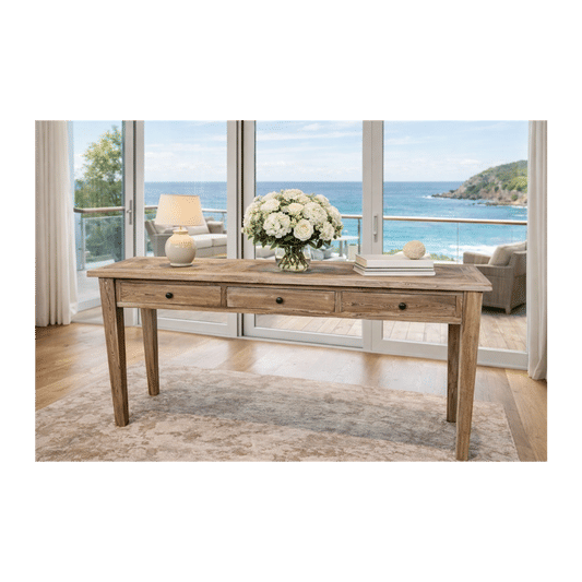 CASA RECYCLED ELM RUSTIC 3-DRAWER CONSOLE/HALL TABLE PARQUETRY TOP 180CM