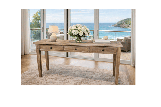 CASA RECYCLED ELM RUSTIC 3-DRAWER CONSOLE/HALL TABLE PARQUETRY TOP  180CM - MyChocolateWood