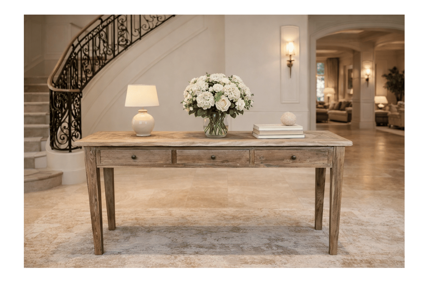 CASA RECYCLED ELM RUSTIC 3-DRAWER CONSOLE/HALL TABLE PARQUETRY TOP  180CM - MyChocolateWood